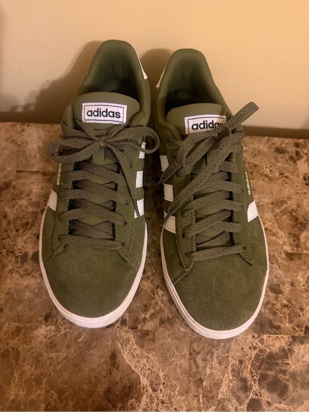 Adidas Men’s Olive Green Suede Sneakers with White Stripes